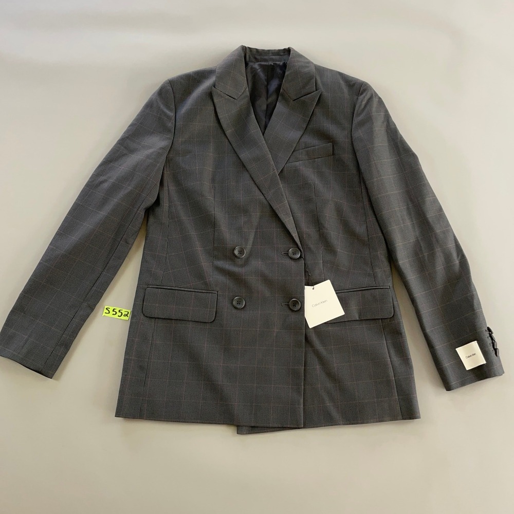 Calvin Klein Womens Grey Plaid Double Breasted Blazer Retail $299